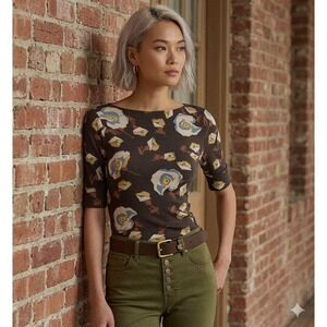 Lauren Ralph Lauren Floral Knit Blouse Short Sleeve Brown 1X Plus Size